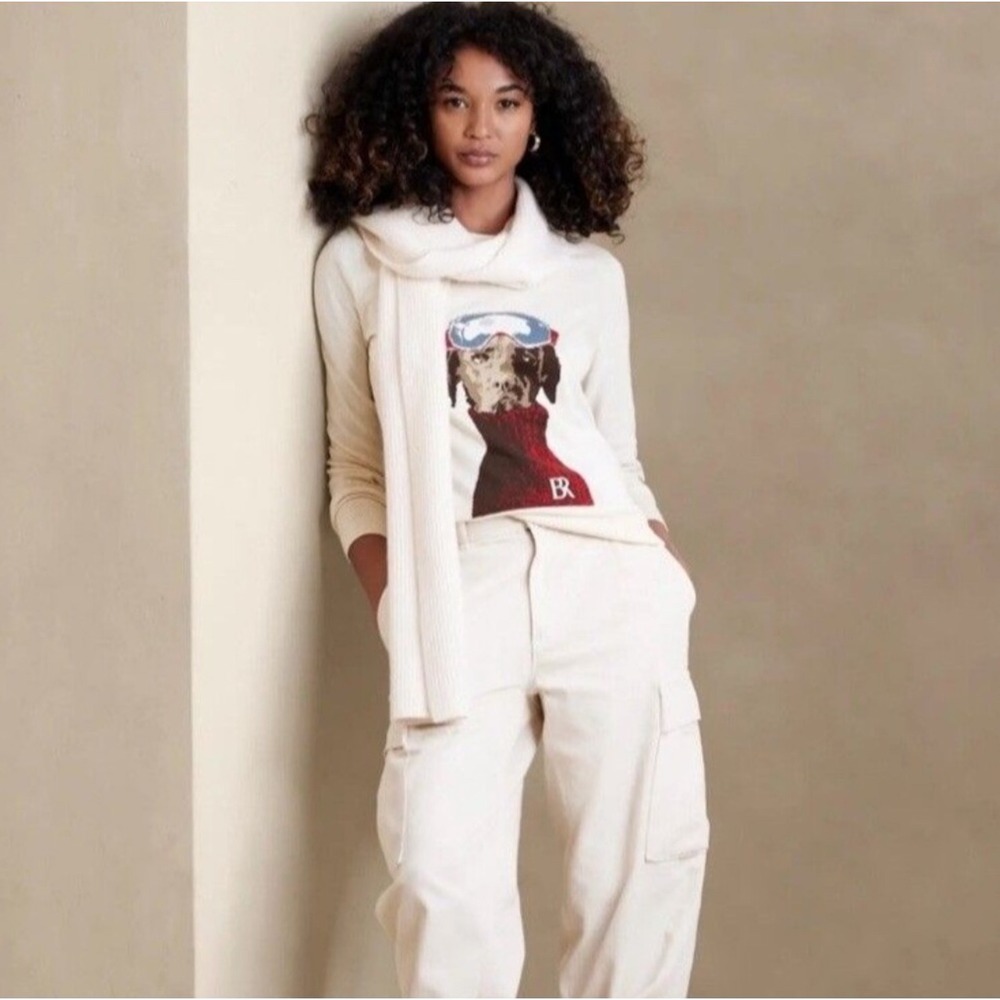 Banana Republic Intarsia Ski Dog Cotton Crewneck Sweater Womens Small Cream - Picture 2 of 12